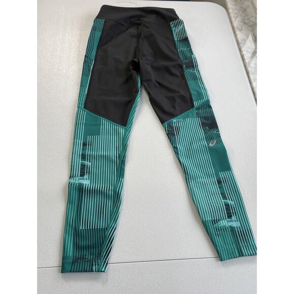 ASICS D1 Leggings Womens XS Athletic Side Pockets Black Green Stripes Activewear - Picture 5 of 11
